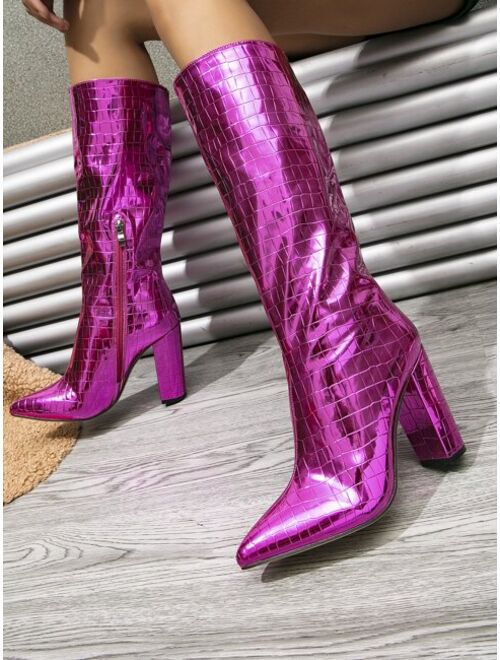 Shein Metallic Crocodile Embossed Side Zip Chunky Heeled Classic Boots