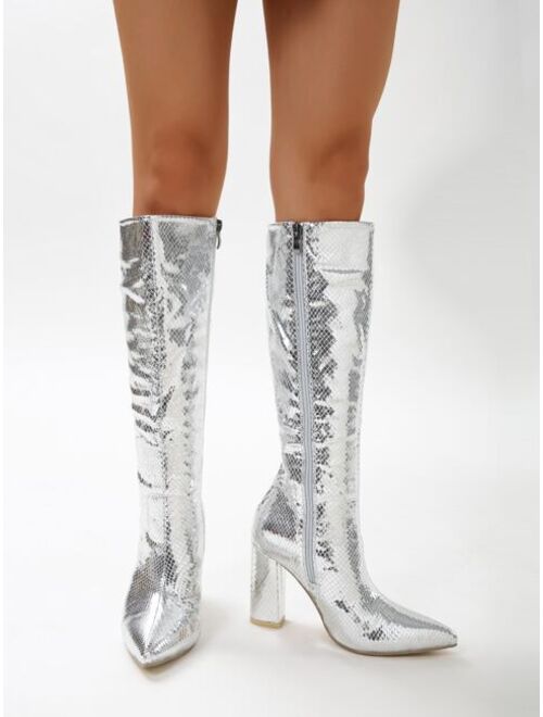 Shein Little Thumb Fashion8278 shoes store Metallic Snakeskin Embossed Zip Side Classic Boots
