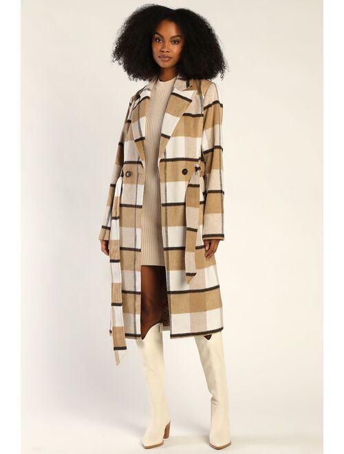 Lulus City Mornings Ivory and Beige Plaid Trench Coat