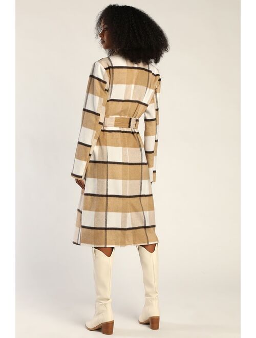 Lulus City Mornings Ivory and Beige Plaid Trench Coat
