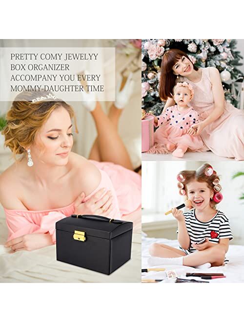 Pretty Comy Jewelry Box for Girls Women, Jewelry Organizer Box 3 Layer with PU Leather, White Travel Jewelry Case with Mirror for Earring Ring Bracelet Necklace, Best Gif