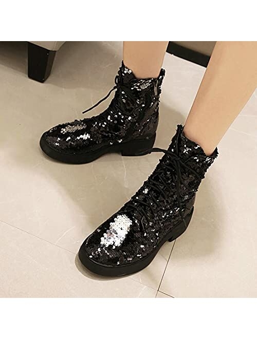 MAVMAX Women's Sequin Combat Boots Lace up Glitter Platform Chunky Heel Sparkly Ankle Boots