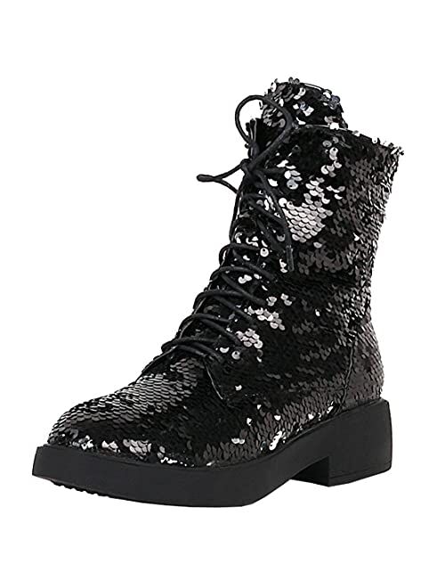 MAVMAX Women's Sequin Combat Boots Lace up Glitter Platform Chunky Heel Sparkly Ankle Boots