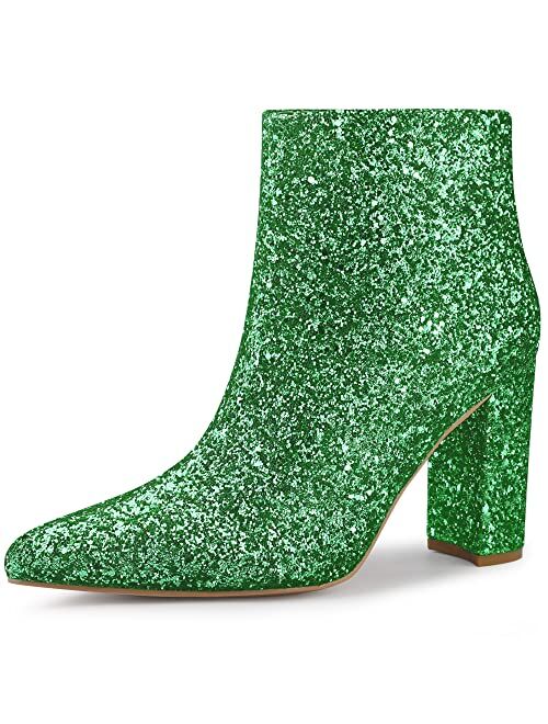 Perphy Pointed Toe Chunky Heels Ankle Boots Glitter Sparkly Boots for Women