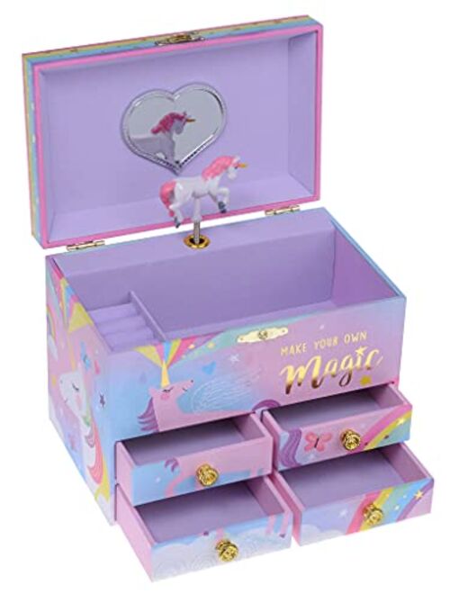 Jewelkeeper Cotton Candy Unicorn Large Musical Jewelry Storage Box with 4 Pull-out Drawers, Girl's Musical Jewelry Box, Beautiful Dreamer Tune