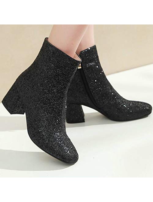 MAVMAX Women's Sequin Glitter Ankle Boots Chunky Heels Sparkly Booties