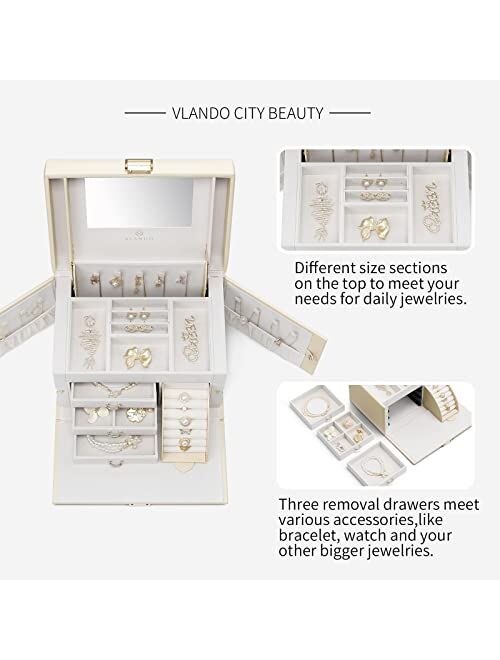 Vlando Jewelry Box Organizer for Girls Women, Large Baroque Jewelry Storage Box with Mirror, Drawers for Bracelets, Earrings, Rings, Necklaces, Mothers Day Gifts for Love
