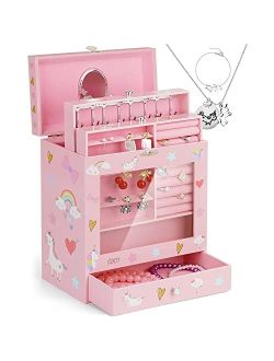 efubaby Jewelry Box for Girls Musical Jewelry Box for Teenage Girls with 3 Drawers & Unicorn Jewelry Set Birthday Gifts for Teenage Girls Kids Window Jewelry Storage Orga