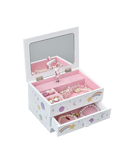 Art Lins Aliz Unicorn Music Jewelry Box for Girls - Wooden Jewelry Storage Box with Glittery Unicorn and Shooting Stars Design - Charming Room Decor and Childhood Memorie