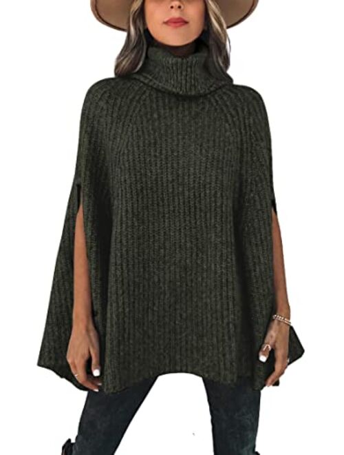 KIRUNDO 2022 Women's Fall Winter Turtleneck Poncho Sweater Fashion Chunky Knit Cape Wrap Sweaters Pullover Jumper Tops