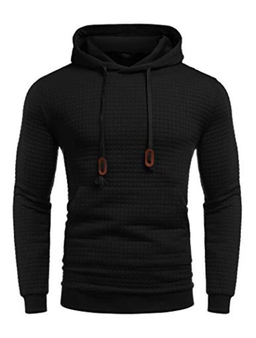 COOFANDY Men's Hooded Sweatshirt Long Sleeve Fashion Gym Athletic Hoodies Solid Plaid Jacquard Pullover with Pocket