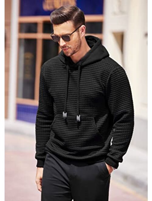 COOFANDY Men's Hooded Sweatshirt Long Sleeve Fashion Gym Athletic Hoodies Solid Plaid Jacquard Pullover with Pocket