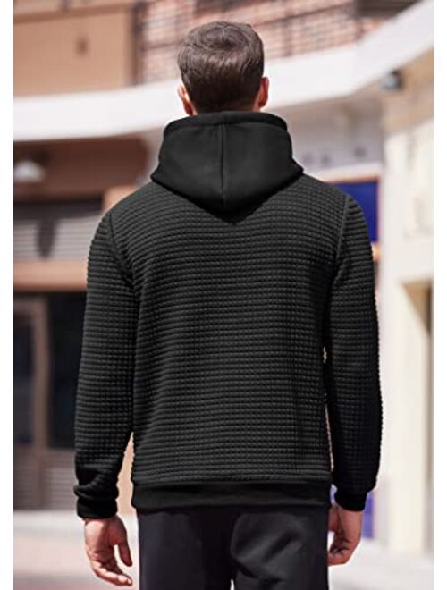 COOFANDY Men's Hooded Sweatshirt Long Sleeve Fashion Gym Athletic Hoodies Solid Plaid Jacquard Pullover with Pocket