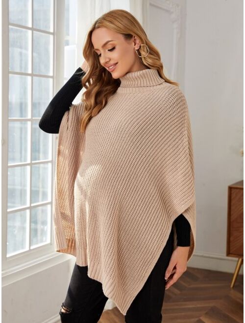 SHEIN Maternity Turtleneck Cloak Sleeve Asymmetrical Hem Knit Poncho