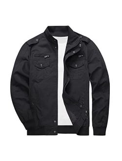 Men's Cargo Jackets Cotton Lightweight Casual Work Coat Stand Collar Combat Jacket Windbreaker Multi Pockets