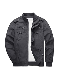Men's Cargo Jackets Cotton Lightweight Casual Work Coat Stand Collar Combat Jacket Windbreaker Multi Pockets