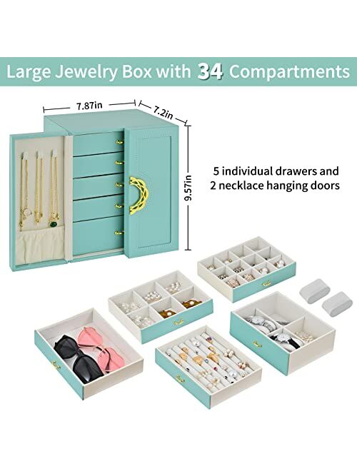 LeforZ Jewelry Box Jewelry Organizer for Women Girls,5-Layer Jewelry Display Storage Case for Earring Necklace Bracelets Rings Watches Jewelry Holder(Tiffany Blue)