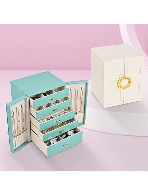 LeforZ Jewelry Box Jewelry Organizer for Women Girls,5-Layer Jewelry Display Storage Case for Earring Necklace Bracelets Rings Watches Jewelry Holder(Tiffany Blue)