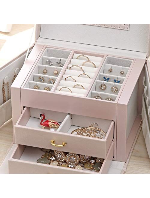 Goldwheat Jewelry Box, Jewelry Organizer Box for Girls Women, 3 Layer Portable Travel Jewelry Storage Case with Lock for Necklace, Earrings, Rings, Bracelets