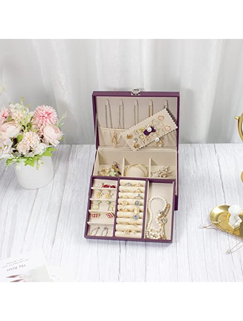 Guka jewelry box for Organizer for Women Girls 2 Layers Display Storage case Jewelry Holder for Earring Ring Necklace Storage Case, Women Gift (Purple)