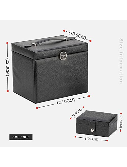 Smileshe Jewelry Box for Women Girls, PU Leather Large Storage Boxes with Portable Travel Case, Huge Lockable Display Organizer for Rings Earrings Necklaces Bracelets
