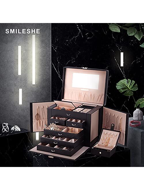 Smileshe Jewelry Box for Women Girls, PU Leather Large Storage Boxes with Portable Travel Case, Huge Lockable Display Organizer for Rings Earrings Necklaces Bracelets
