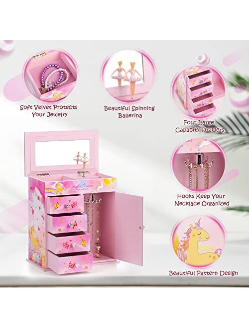 efubaby Upgrade Jewelry Box for Girls 5-Layer with Swing Door Spinning Ballerina Unicorn &Castle Design Unicorn Jewelry Set Included Kids Jewelry Box for Little Girls Bir