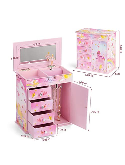 efubaby Upgrade Jewelry Box for Girls 5-Layer with Swing Door Spinning Ballerina Unicorn &Castle Design Unicorn Jewelry Set Included Kids Jewelry Box for Little Girls Bir