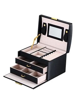 Goldwheat Jewelry Box Leather Earring Rings Organizer Mirrored Display Case Gift for Women Girls,Lock and Key (Pink)