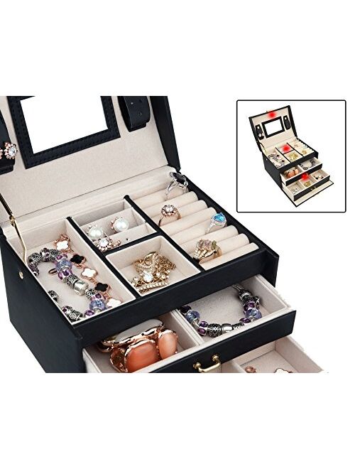 Goldwheat Jewelry Box Leather Earring Rings Organizer Mirrored Display Case Gift for Women Girls,Lock and Key (Pink)