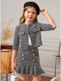 Girls Plaid Tweed Jacket & Ruffle Hem Skirt