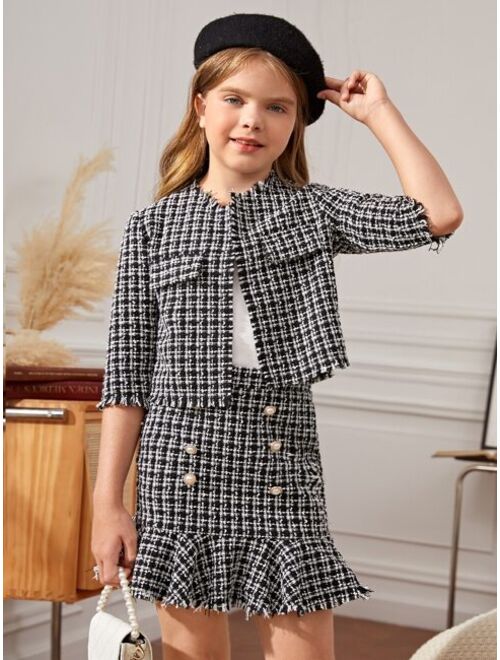 Buy SHEIN Girls Plaid Tweed Jacket & Ruffle Hem Skirt online | Topofstyle
