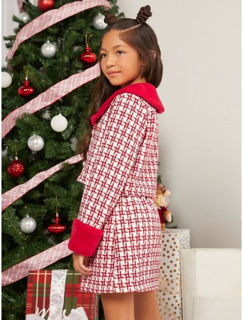 SHEIN Girls 1pc Houndstooth Contrast Teddy Collar Tweed Jacket & 1pc Skirt
