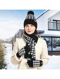 Honnesserry Womens Winter Beanie Hat Scarf and Gloves Set Skull Cap Neck Scarves Touchscreen Gloves for Men with Fleece Lined