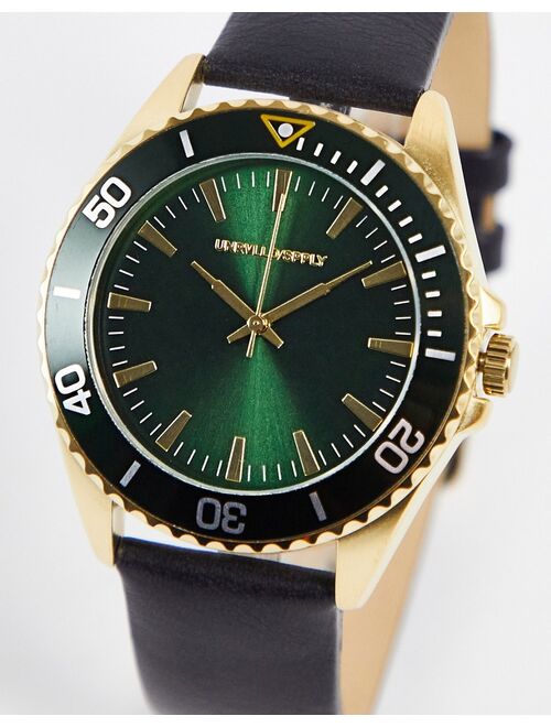 ASOS DESIGN classic watch in black with green face and gold details