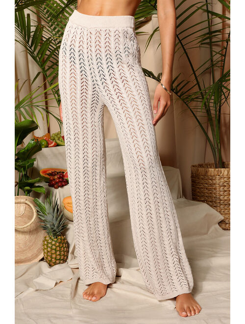 Lulus Balmy Breeze Beige Crochet High-Waisted Pants