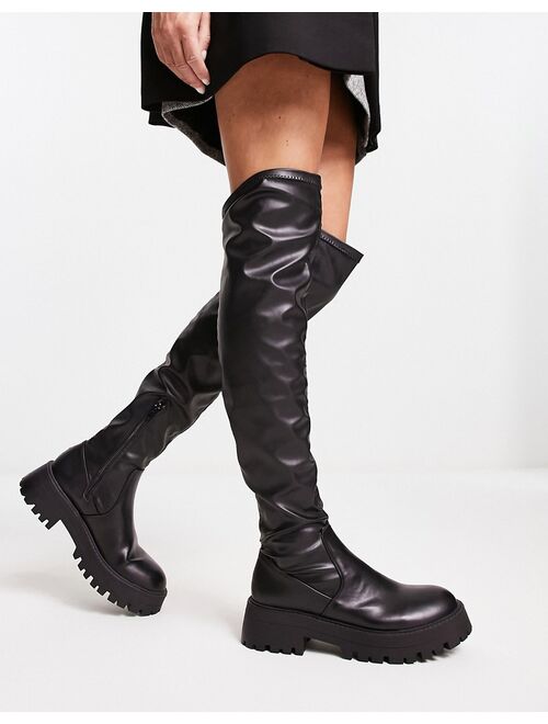 Pull&Bear faux leather knee high chunky boot in black