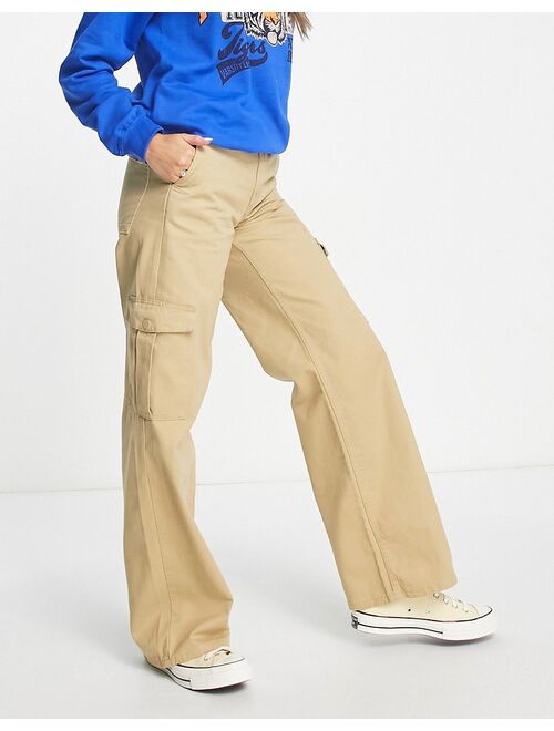 Pull&Bear high waist wide leg cargo pants in beige