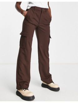 high waisted cargo straight leg pants in brown
