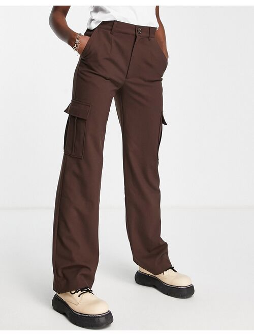 Pull&Bear high waisted cargo straight leg pants in brown