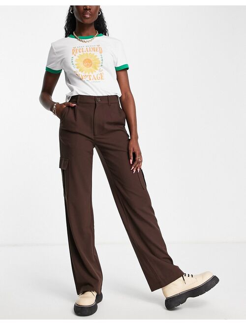 Pull&Bear high waisted cargo straight leg pants in brown