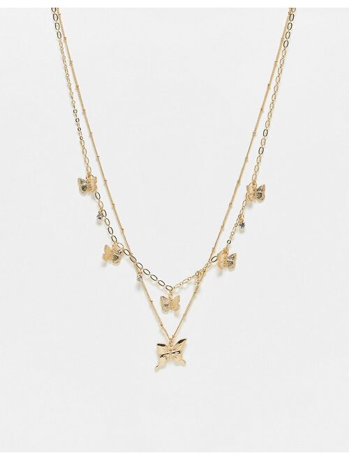 Monki layered butterfly necklace in silver
