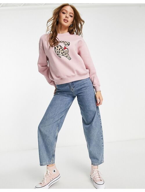 Monki Christmas sweater in pink cat print