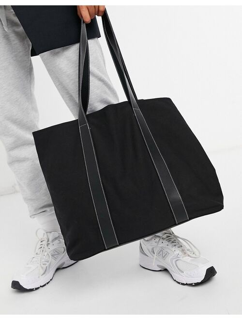 ASOS DESIGN canvas tote bag with leather-look straps in black