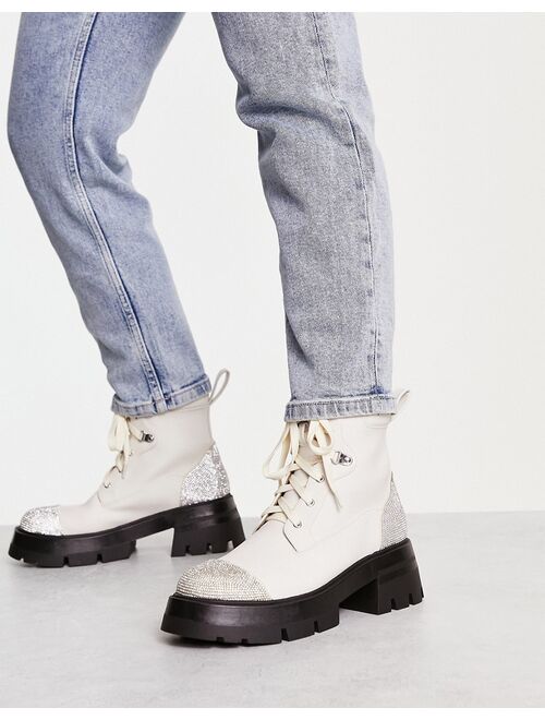 Public Desire Wide Fit Lark rhinestone combat boots in off white