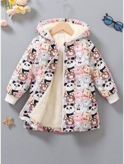 Toddler Girls Allover Cartoon Graphic Teddy Lined Hooded Winter Coat