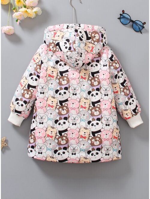 Shein Toddler Girls Allover Cartoon Graphic Teddy Lined Hooded Winter Coat