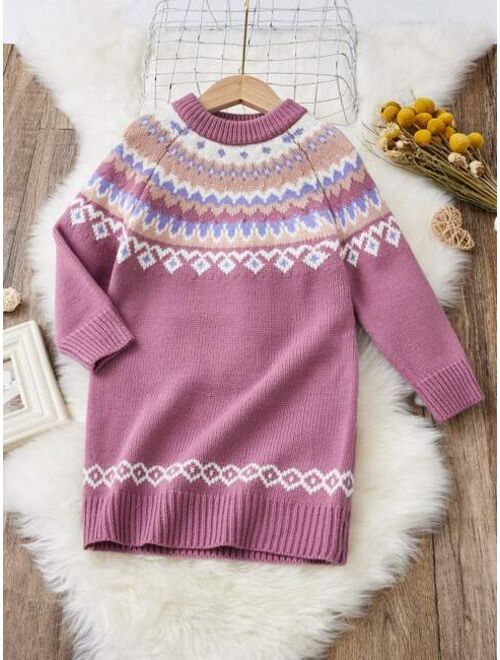 Shein Toddler Girls Geo Pattern Raglan Sleeve Sweater Dress