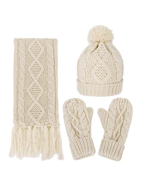 ANDORRA 3 in 1 Women Soft Warm Thick Cable Knitted Hat Scarf & Gloves Winter Set