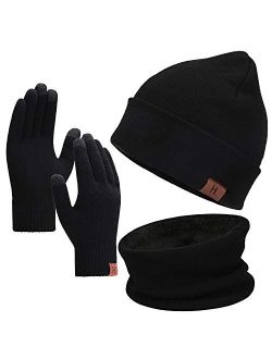 FZ FANTASTIC ZONE Winter Beanie Hat Scarf Touchscreen Gloves Set for Men and Women, Beanie Gloves Neck Warmer Set with Warm Knit Fleece Lined